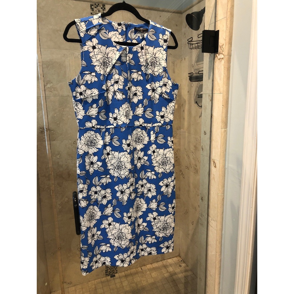 Banana Republic Blue Floral Sheath Dress 12 NWT Art Deco Pleated Knee Length
